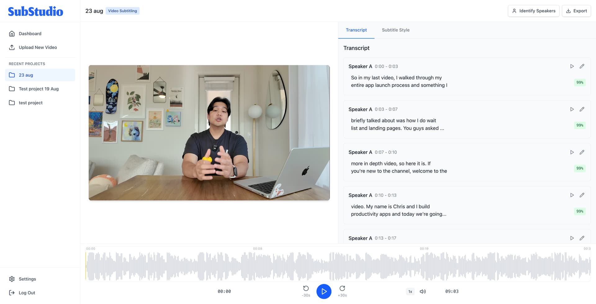 SubStudio - Professional AI transcription and subtitling platform interface